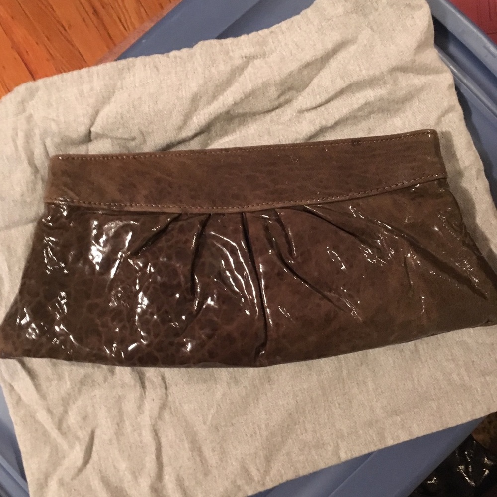 Lauren Merkin grey crocodile patent clutch